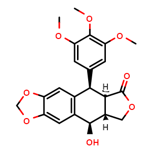 Chemical structure of (5R,5aR,8aR,9R)-9-hydroxy-5-(3,4,5-trimethoxyphenyl)-5,8,8a,9-tetrahydrofuro[3',4':6,7]naphtho[2,3-d][1,3]dioxol-6(5aH)-one , CAS 518-28-5, AChemBlock T100121