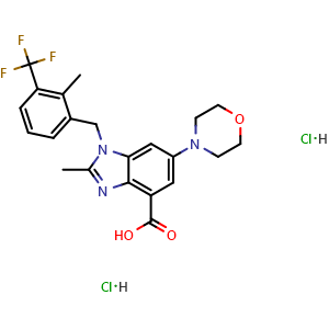 Chemical structure of 2-methyl-1-(2-methyl-3-(trifluoromethyl)benzyl)-6-morpholino-1H-benzo[d]imidazole-4-carboxylic acid dihydrochloride , CAS 2108806-07-9, AChemBlock T100163