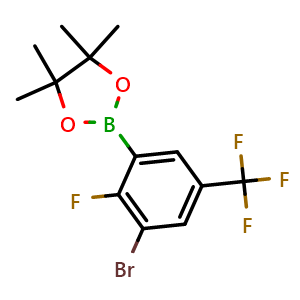 Chemical structure of 2-(3-bromo-2-fluoro-5-(trifluoromethyl)phenyl)-4,4,5,5-tetramethyl-1,3,2-dioxaborolane , CAS 1799485-19-0, AChemBlock T100246