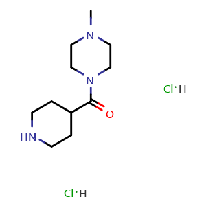 Chemical structure of 1-Methyl-4-(4-piperidinylcarbonyl)piperazine dihydrochloride , CAS 63214-56-2, AChemBlock T100284