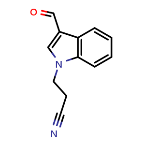 Chemical structure of 3-(3-formyl-1H-indol-1-yl)propanenitrile , CAS 18109-11-0, AChemBlock T100317