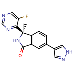Chemical structure of (R)-3-(5-fluoropyrimidin-4-yl)-3-methyl-6-(1H-pyrazol-4-yl)isoindolin-1-one , CAS 1627696-51-8, AChemBlock T100343