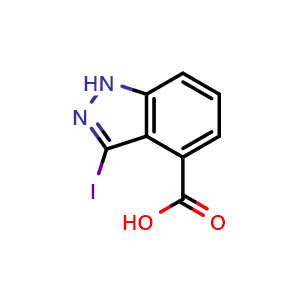 Chemical structure of 3-iodo-1H-indazole-4-carboxylic acid , CAS 885520-80-9, AChemBlock T100430