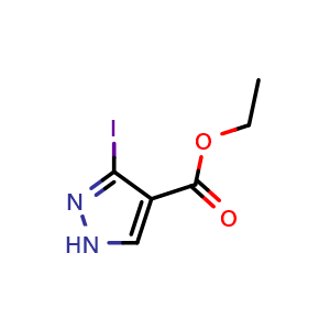 Chemical structure of 3-Iodopyrazole-4-carboxylic acid ethyl ester , CAS 827316-43-8, AChemBlock T100435