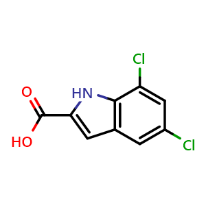Chemical structure of 5,7-Dichloro-1H-indole-2-carboxylic acid , CAS 4792-71-6, AChemBlock T100457