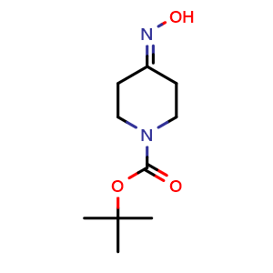 Chemical structure of tert-butyl 4-(hydroxyimino)piperidine-1-carboxylate , CAS 150008-24-5, AChemBlock T100547