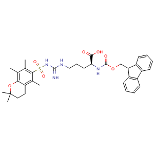 Chemical structure of (2S)-2-({[(9H-fluoren-9-yl)methoxy]carbonyl}amino)-5-{N'-[(2,2,5,7,8-pentamethyl-3,4-dihydro-2H-1-benzopyran-6-yl)sulfonyl]carbamimidamido}pentanoic acid , CAS 119831-72-0, AChemBlock T100577