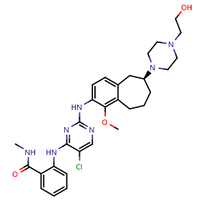 Chemical structure of (S)-2-(5-chloro-2-(6-(4-(2-hydroxyethyl)piperazin-1-yl)-1-methoxy-6,7,8,9-tetrahydro-5H-benzo[7]annulen-2-ylamino)pyrimidin-4-ylamino)-N-methylbenzamide , CAS 1391712-60-9, AChemBlock T100599