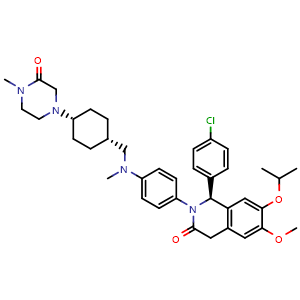 Chemical structure of (S)-1-(4-chlorophenyl)-7-isopropoxy-6-methoxy-2-(4-(methyl(((1r,4r)-4-(4-methyl-3-oxopiperazin-1-yl)cyclohexyl)methyl)amino)phenyl)-1,2-dihydroisoquinolin-3(4H)-one , CAS 1313363-54-0, AChemBlock T100683