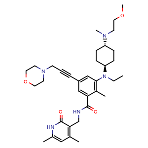 Chemical structure of N-((4,6-dimethyl-2-oxo-1,2-dihydropyridin-3-yl)methyl)-3-(ethyl((1r,4r)-4-((2-methoxyethyl)(methyl)amino)cyclohexyl)amino)-2-methyl-5-(3-morpholinoprop-1-ynyl)benzamide , CAS 1598383-40-4, AChemBlock T100740