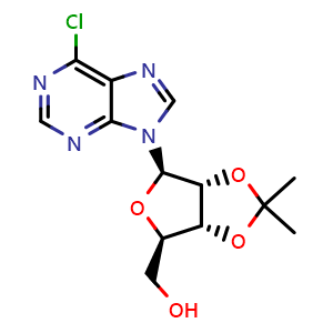 Chemical structure of 6-Chloro-9-[2,3-O-(1-methylethylidene)-beta-D-ribofuranosyl]-9H-Purine , CAS 39824-26-5, AChemBlock T100785