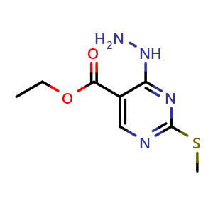Chemical structure of Ethyl 4-hydrazinyl-2-(methylthio)pyrimidine-5-carboxylate , CAS 117147-06-5, AChemBlock T100886