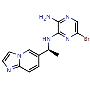 Chemical structure of (S)-6-bromo-N2-(1-(imidazo[1,2-a]pyridin-6-yl)ethyl)pyrazine-2,3-diamine , CAS 2248205-47-0, AChemBlock T100899