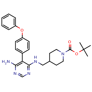 Chemical structure of tert-butyl 4-(((6-amino-5-(4-phenoxyphenyl)pyrimidin-4-yl)amino)methyl)piperidine-1-carboxylate , CAS 1415824-87-1, AChemBlock T100902