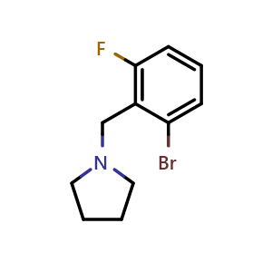 Chemical structure of 1-[(2-Bromo-6-fluorophenyl)methyl]pyrrolidine , CAS 1355247-07-2, AChemBlock T101044