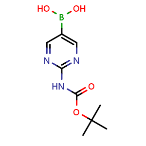Chemical structure of (2-((tert-butoxycarbonyl)amino)pyrimidin-5-yl)boronic acid , CAS 883231-25-2, AChemBlock T101085