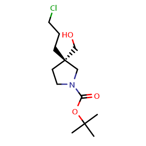 Chemical structure of tert-butyl (3S)-3-(3-chloropropyl)-3-(hydroxymethyl)pyrrolidine-1-carboxylate , CAS 2387560-74-7, AChemBlock T101199