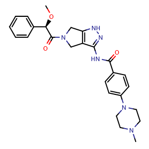 Chemical structure of N-[5-((2R)-2-Methoxy-2-phenylethanoyl)-1,4,5,6-tetrahydropyrrolo[3,4-c]pyrazol-3-yl]-4-(4-methylpiperazin-1-yl)benzamide , CAS 827318-97-8, AChemBlock T101228