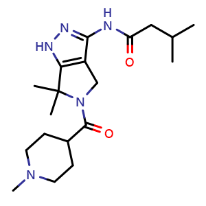 Chemical structure of 3-Methyl-N-[1,4,5,6-tetrahydro-6,6-dimethyl-5-[(1-methyl-4-piperidinyl)carbonyl]pyrrolo[3,4-c]pyrazol-3-yl]butanamide , CAS 718630-59-2, AChemBlock T101229