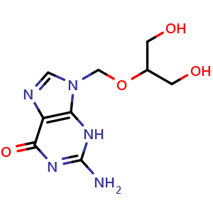 Chemical structure of 2-amino-9-{[(1,3-dihydroxypropan-2-yl)oxy]methyl}-6,9-dihydro-3H-purin-6-one , CAS 82410-32-0, AChemBlock T101250