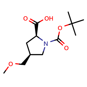 Chemical structure of (2S,4S)-1-[(tert-butoxy)carbonyl]-4-(methoxymethyl)pyrrolidine-2-carboxylic acid , CAS 1378388-16-9, AChemBlock T101384
