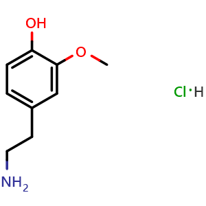 Chemical structure of 4-(2-aminoethyl)-2-methoxyphenol hydrochloride , CAS 1477-68-5, AChemBlock T101415