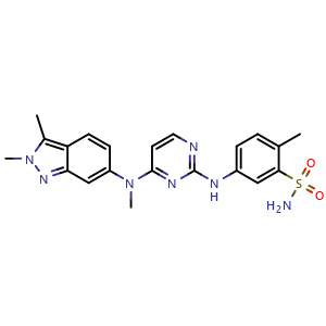 Chemical structure of 5-(4-((2,3-dimethyl-2H-indazol-6-yl)(methyl)amino)pyrimidin-2-ylamino)-2-methylbenzenesulfonamide , CAS 444731-52-6, AChemBlock T101432