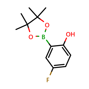 Chemical structure of 4-fluoro-2-(4,4,5,5-tetramethyl-1,3,2-dioxaborolan-2-yl)phenol , CAS 779331-49-6, AChemBlock T101743