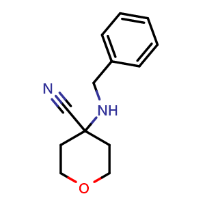 Chemical structure of 4-(benzylamino)tetrahydropyran-4-carbonitrile , CAS 943818-89-1, AChemBlock T101758