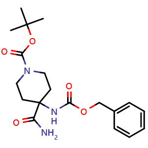 Chemical structure of tert-butyl 4-{[(benzyloxy)carbonyl]amino}-4-carbamoylpiperidine-1-carboxylate , CAS 288154-17-6, AChemBlock T101832