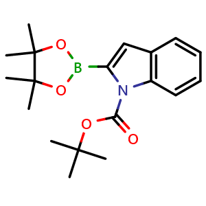 Chemical structure of tert-butyl 2-(4,4,5,5-tetramethyl-1,3,2-dioxaborolan-2-yl)-1H-indole-1-carboxylate , CAS 1072944-96-7, AChemBlock T101896