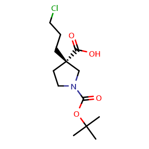 Chemical structure of (3S)-1-tert-butoxycarbonyl-3-(3-chloropropyl)pyrrolidine-3-carboxylic acid , CAS 2387562-46-9, AChemBlock T101901