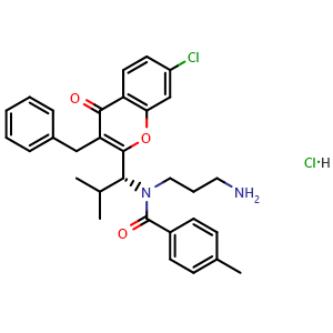 Chemical structure of (R)-N-(3-aminopropyl)-N-(1-(3-benzyl-7-chloro-4-oxo-4H-chromen-2-yl)-2-methylpropyl)-4-methylbenzamide hydrochloride , CAS 940929-33-9, AChemBlock T101916