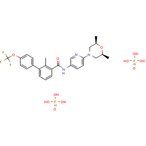 Chemical structure of N-(6-((2S,6R)-2,6-dimethylmorpholino)pyridin-3-yl)-2-methyl-4'-(trifluoromethoxy)biphenyl-3-carboxamide bis(phosphate) , CAS 1218778-77-8, AChemBlock T101926