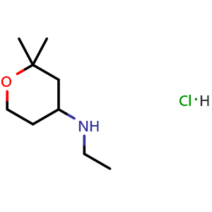Chemical structure of N-ethyl-2,2-dimethyloxan-4-amine hydrochloride , CAS 1803589-79-8, AChemBlock T102072