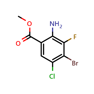 Chemical structure of methyl 2-amino-4-bromo-5-chloro-3-fluorobenzoate , CAS 1698028-15-7, AChemBlock T102129