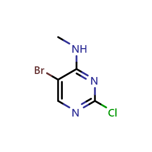 Chemical structure of 5-bromo-2-chloro-N-methylpyrimidin-4-amine , CAS 205672-24-8, AChemBlock T102256