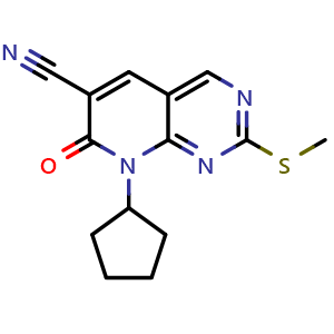 Chemical structure of 8-cyclopentyl-2-(methylthio)-7-oxo-7,8-dihydropyrido[2,3-d]pyrimidine-6-carbonitrile , CAS 1610369-48-6, AChemBlock T102455