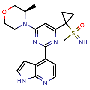 Chemical structure of (3R)-3-methyl-4-(6-(1-(S-methylsulfonimidoyl)cyclopropyl)-2-(1H-pyrrolo[2,3-b]pyridin-4-yl)pyrimidin-4-yl)morpholine , CAS 1352280-97-7, AChemBlock T102471