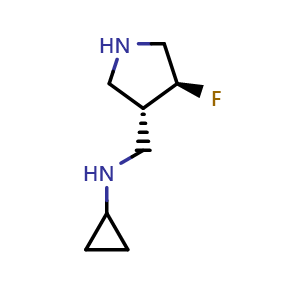 Chemical structure of (3S,4S)-3-N-cyclopropylaminomethyl-4-fluoropyrrolidine , CAS 604798-54-1, AChemBlock T89845