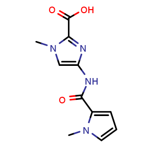 Chemical structure of 4-(1-methylpyrrole-2-carboxamido)- 1-methylimidazole-2-carboxylic acid , CAS 537049-66-4, AChemBlock T89848