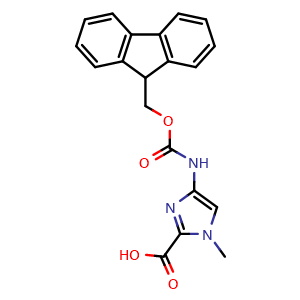 Chemical structure of 4-((((9H-fluoren-9-yl)methoxy)carbonyl)amino)-1-methyl-1H-imidazole-2-carboxylic acid , CAS 252206-28-3, AChemBlock T89864