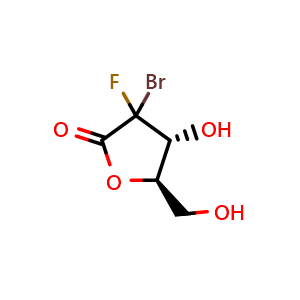 Chemical structure of (4R,5R)-3-bromo-3-fluoro-4-hydroxy-5-(hydroxymethyl)dihydrofuran-2(3H)-one , AChemBlock T89899