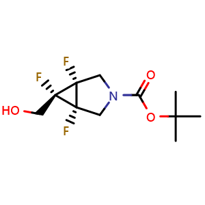 Chemical structure of tert-butyl (1R,5S,6s)-1,5,6-trifluoro-6-(hydroxymethyl)-3-azabicyclo[3.1.0]hexane-3-carboxylate , CAS 2743283-33-0, AChemBlock T89902