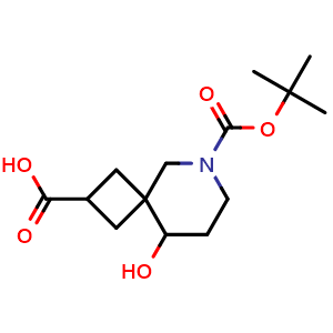 Chemical structure of 6-tert-butoxycarbonyl-9-hydroxy-6-azaspiro[3.5]nonane-2-carboxylic acid , CAS 2387600-92-0, AChemBlock T89924