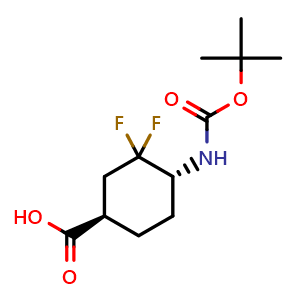 Chemical structure of (1R,4R)-4-(tert-butoxycarbonylamino)-3,3-difluoro-cyclohexanecarboxylic acid , CAS 2231664-20-1, AChemBlock T89928