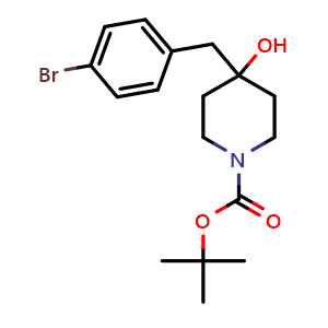 Chemical structure of tert-butyl 4-(4-bromobenzyl)-4-hydroxypiperidine-1-carboxylate , CAS 1246632-59-6, AChemBlock T89952