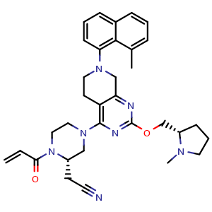 Chemical structure of 2-[(2S)-4-[7-(8-methyl-1-naphthyl)-2-[[(2S)-1-methylpyrrolidin-2-yl]methoxy]-6,8-dihydro-5H-pyrido[3,4-d]pyrimidin-4-yl]-1-prop-2-enoyl-piperazin-2-yl]acetonitrile , CAS 2206736-04-9, AChemBlock T89987