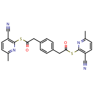 Chemical structure of 2,2'-((1,4-phenylenebis(2-oxoethane-2,1-diyl))bis(sulfanediyl))bis(6-methylnicotinonitrile) , CAS 312500-86-0, AChemBlock T90001