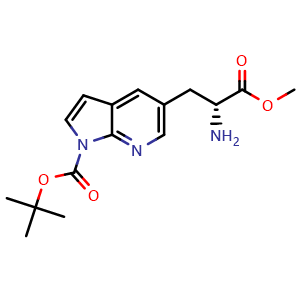Chemical structure of tert-butyl 5-[(2R)-2-amino-3-methoxy-3-oxo-propyl]pyrrolo[2,3-b]pyridine-1-carboxylate , CAS 1212931-87-7, AChemBlock T90015